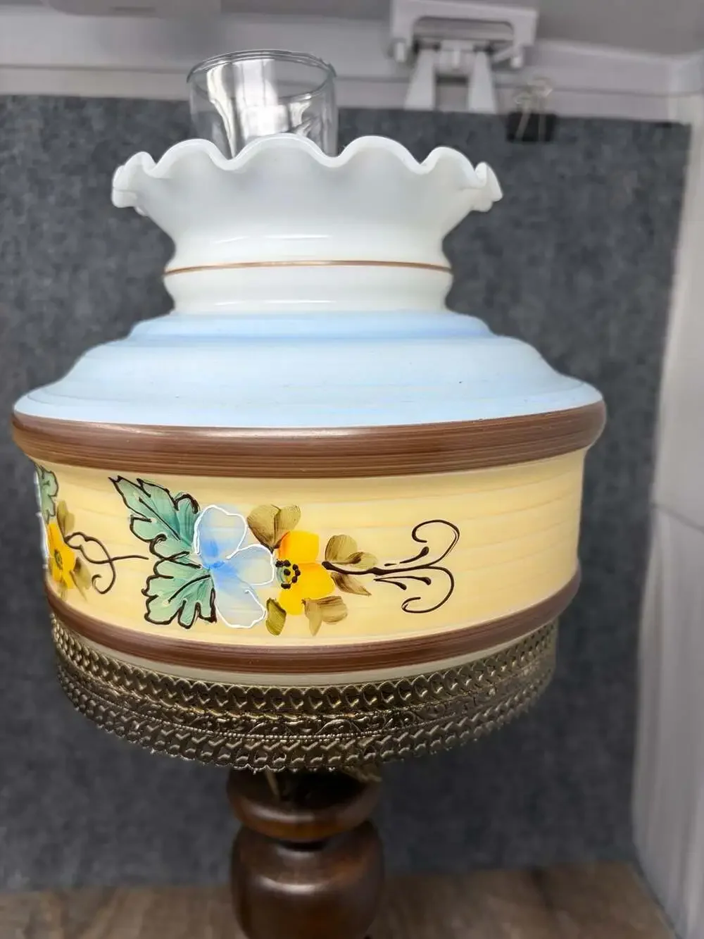 VTG MCM Hand Painted Floral Glass Hurricane GWTW  Table Lamps Turned wood base